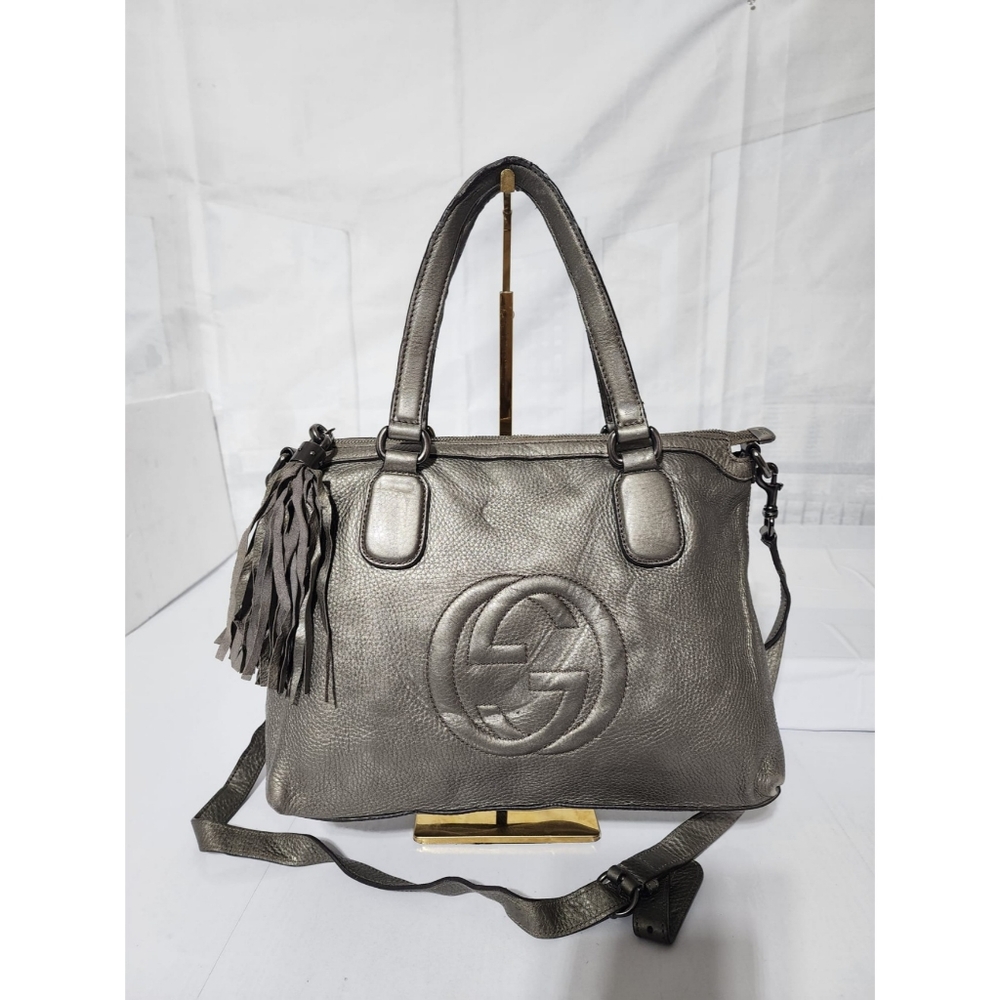 Gucci Tan Tote Bag with Embossed Logo and Tassels